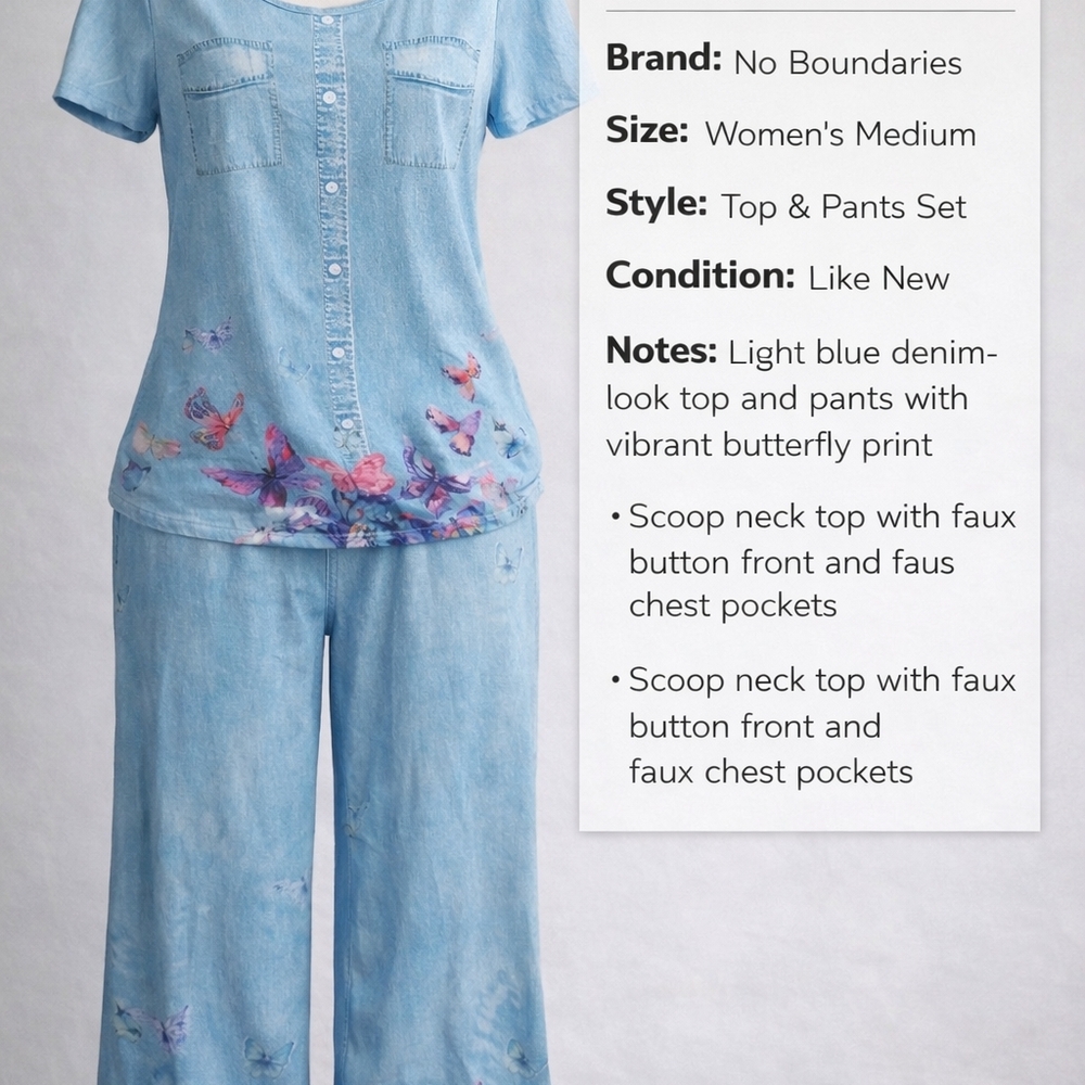 No Boundaries Light Blue Denim-Look Butterfly Top & Wide-Leg Pants Set